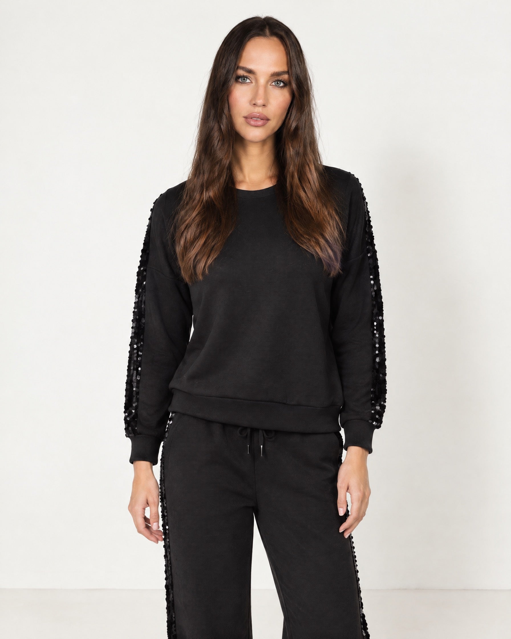 Black Lounge Set Sequin Stripe Jumper Joggers