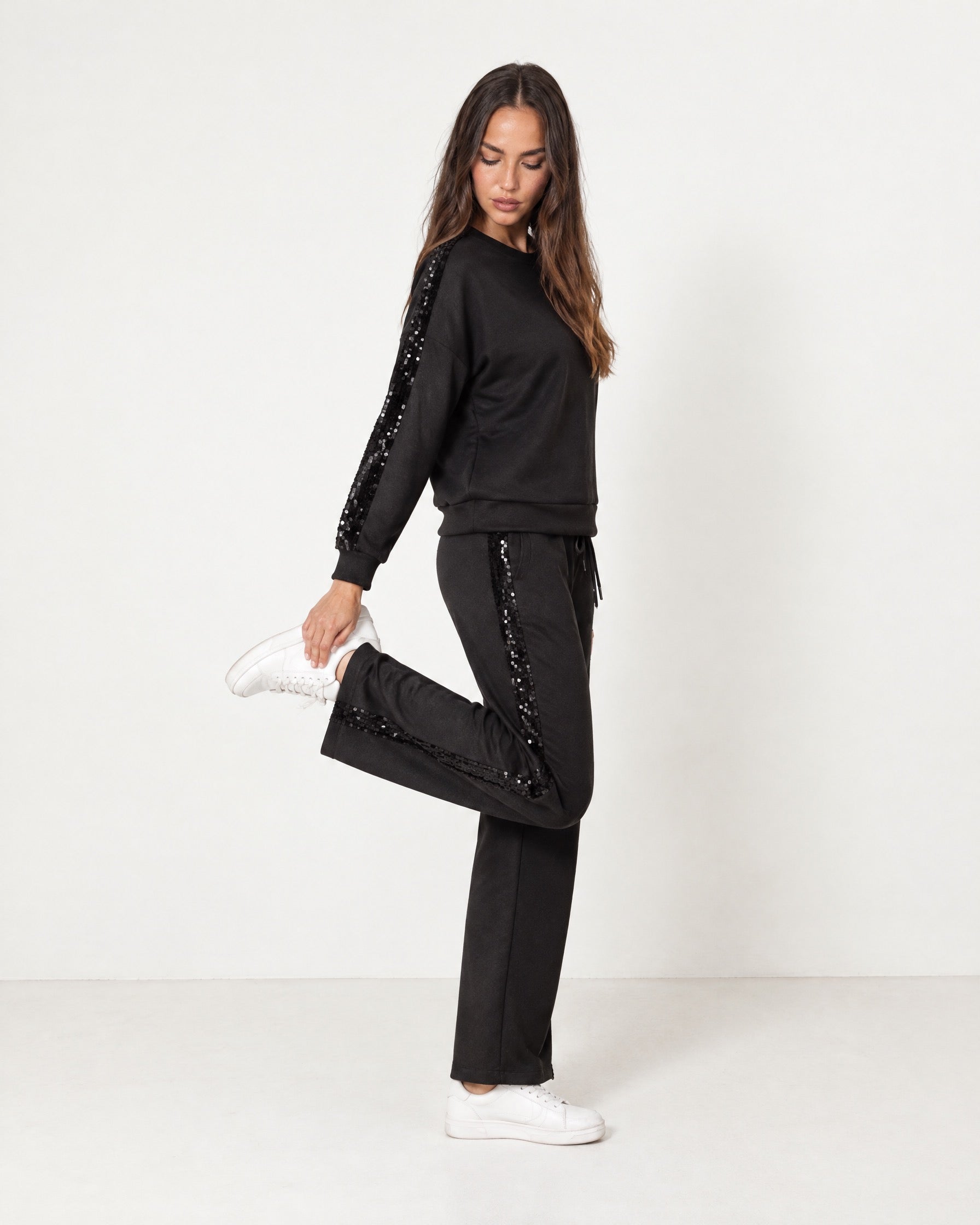 Black Lounge Set Sequin Stripe Jumper Joggers