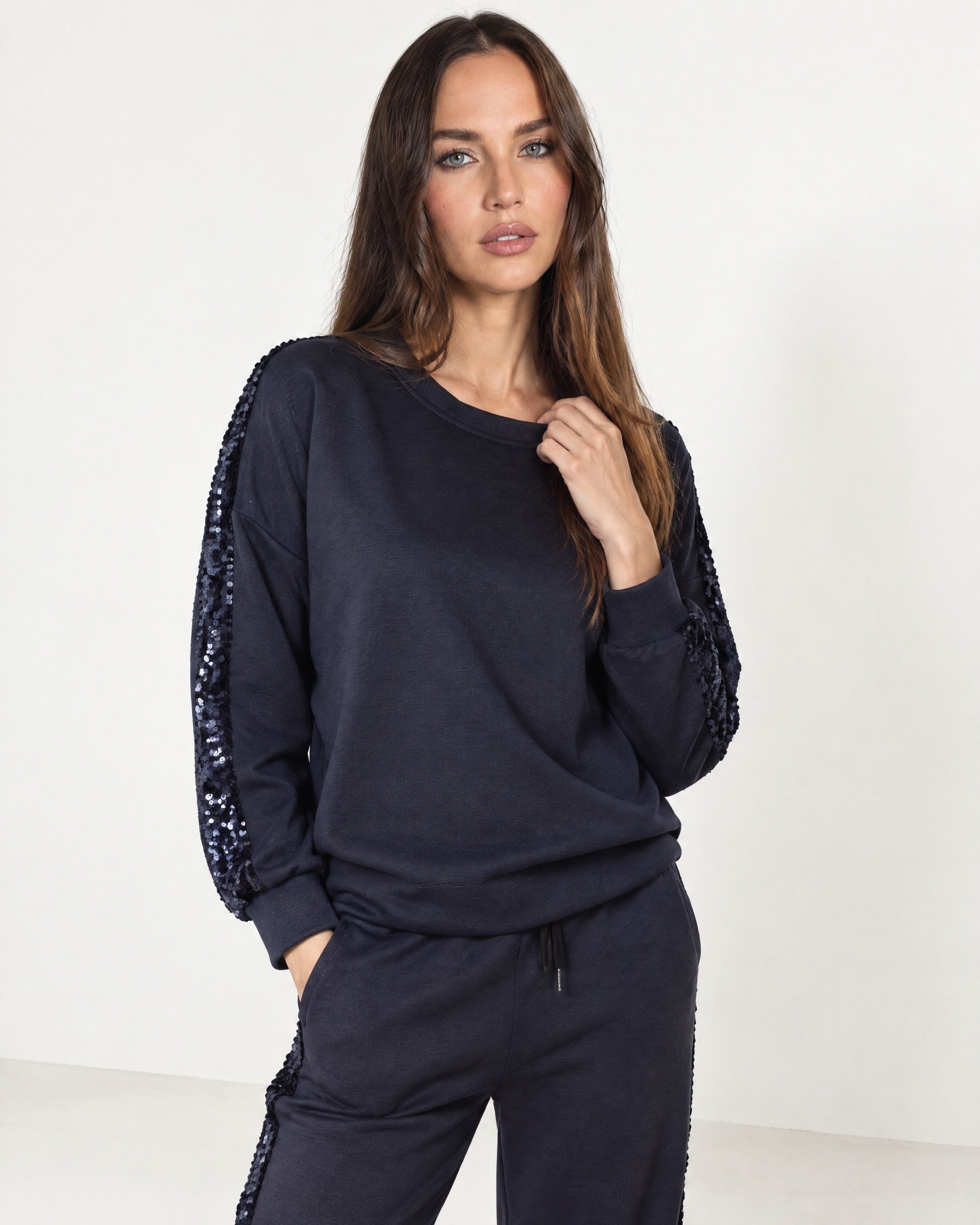 Navy Lounge Set Sequin Stripe Jumper Joggers