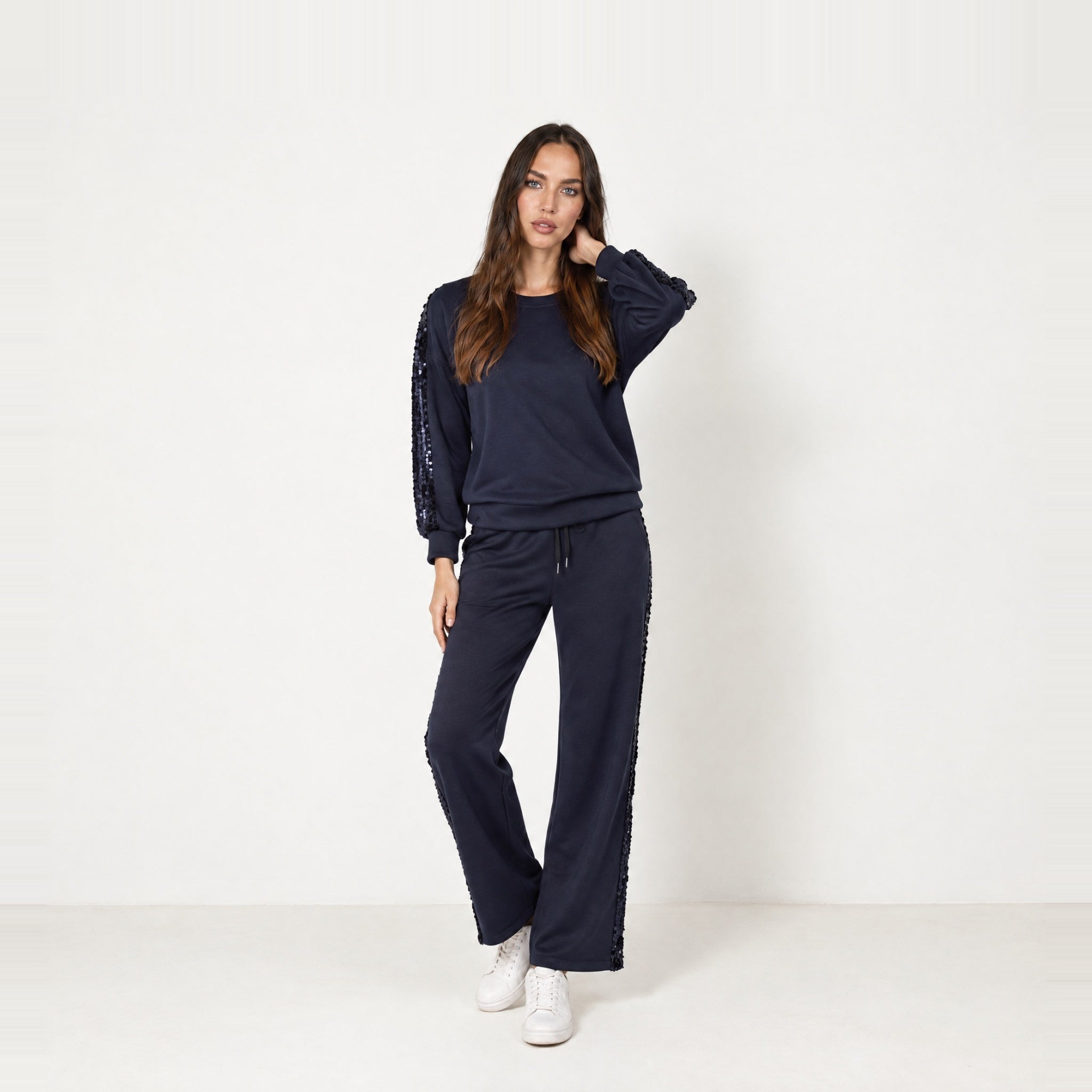 Navy Lounge Set Sequin Stripe Jumper Joggers