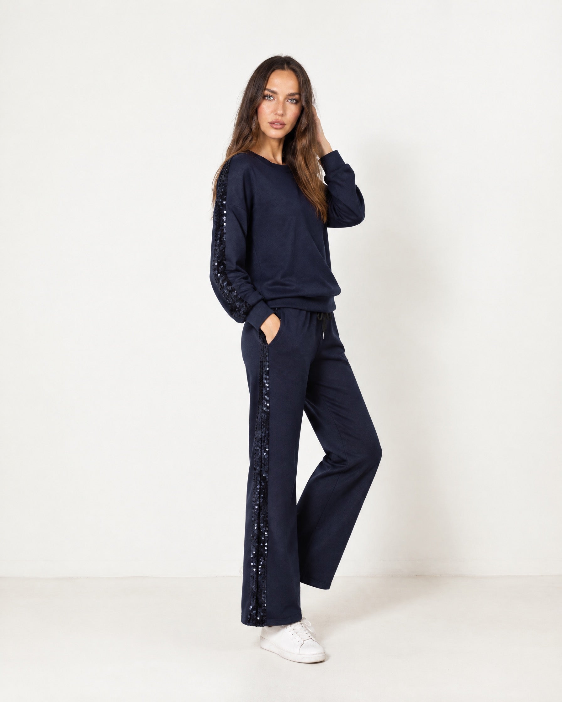 Navy Lounge Set Sequin Stripe Jumper Joggers