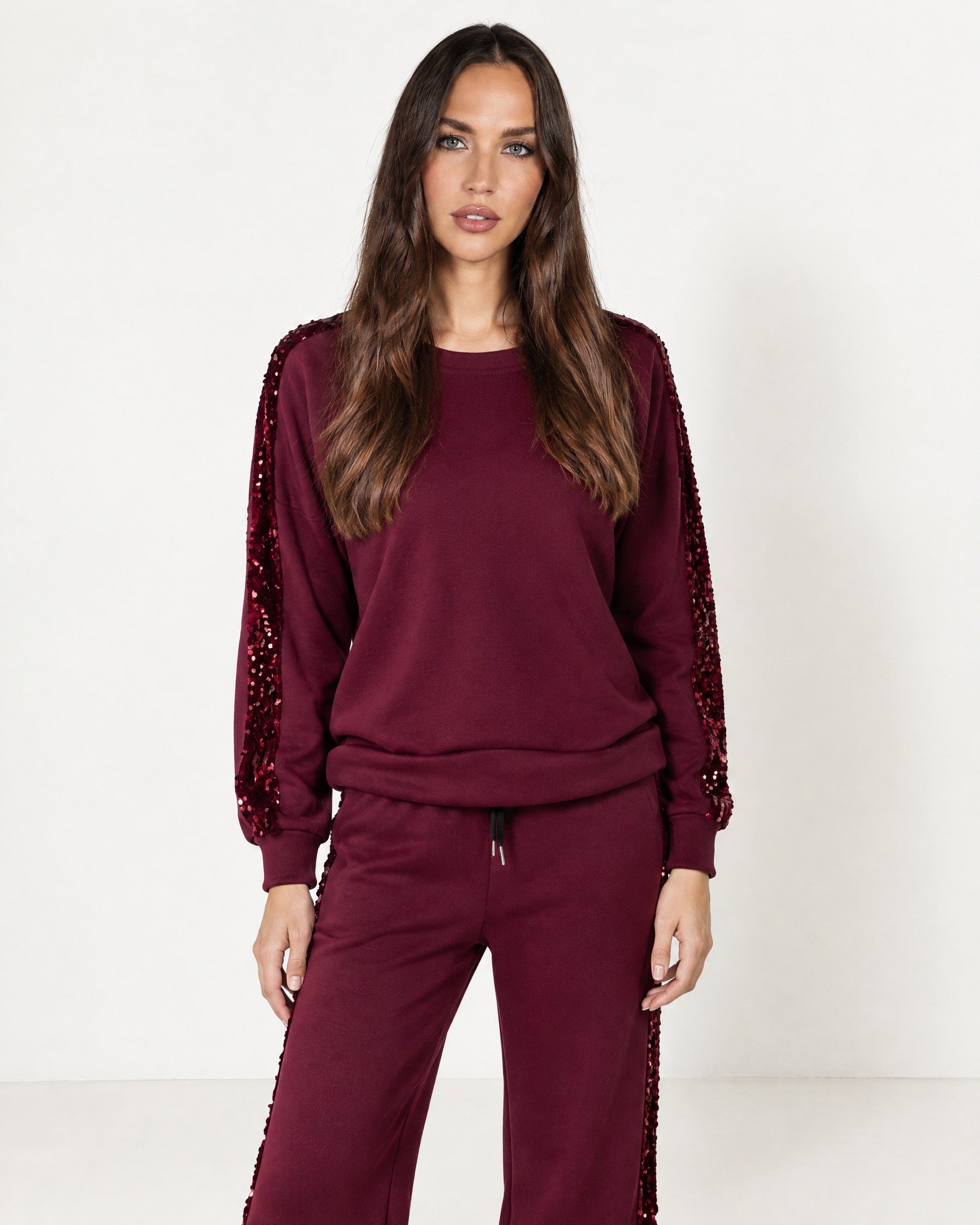 Wine Lounge Set Sequin Stripe Jumper Joggers