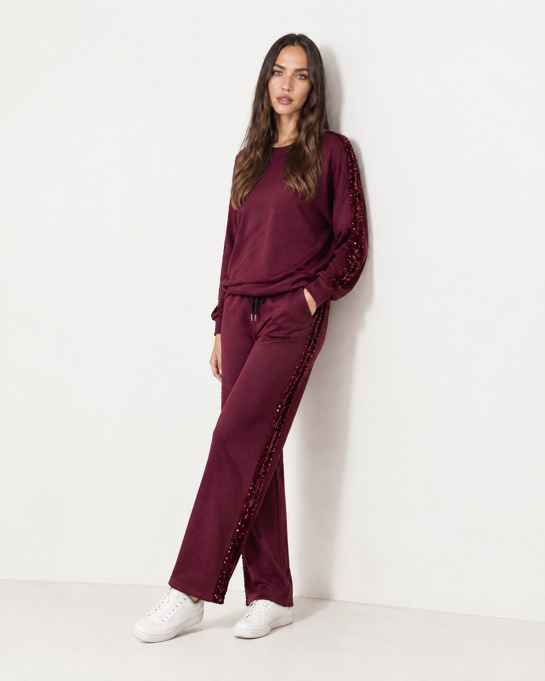 Wine Lounge Set Sequin Stripe Jumper Joggers