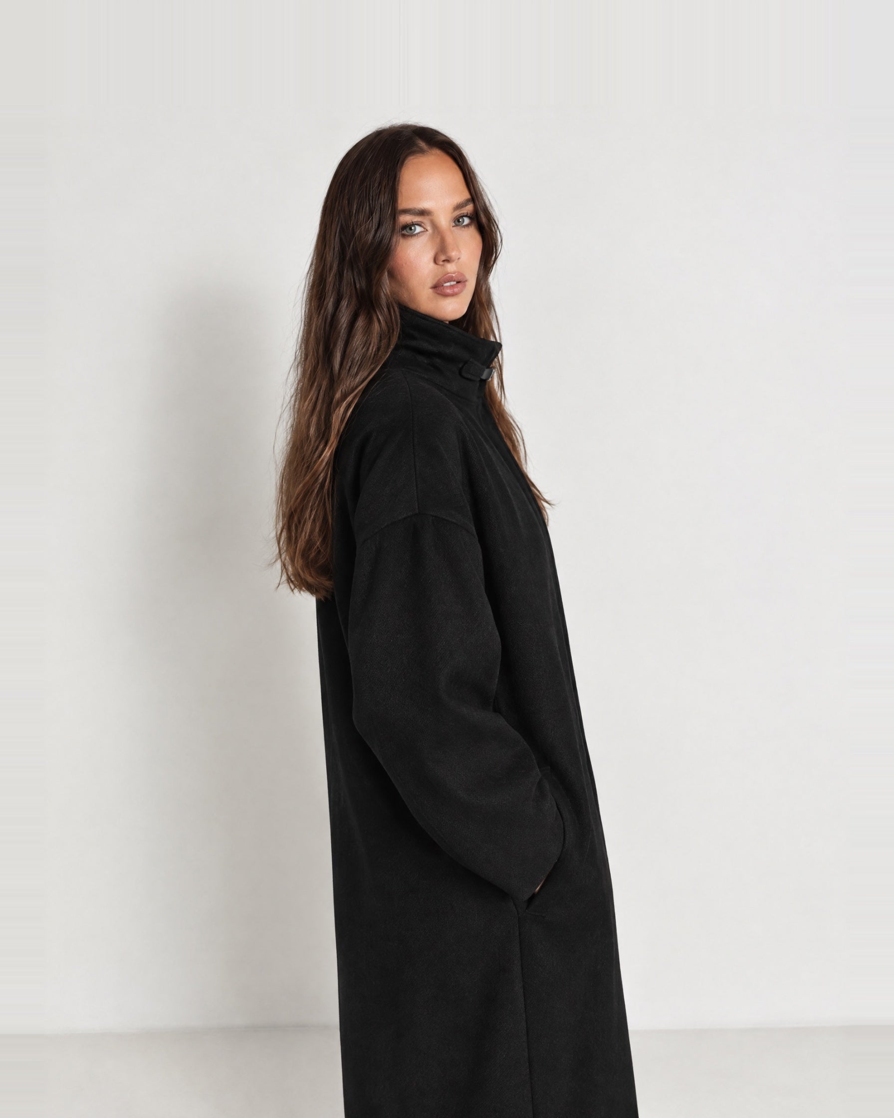 Black Maxi Coat Stand Collar Oversized