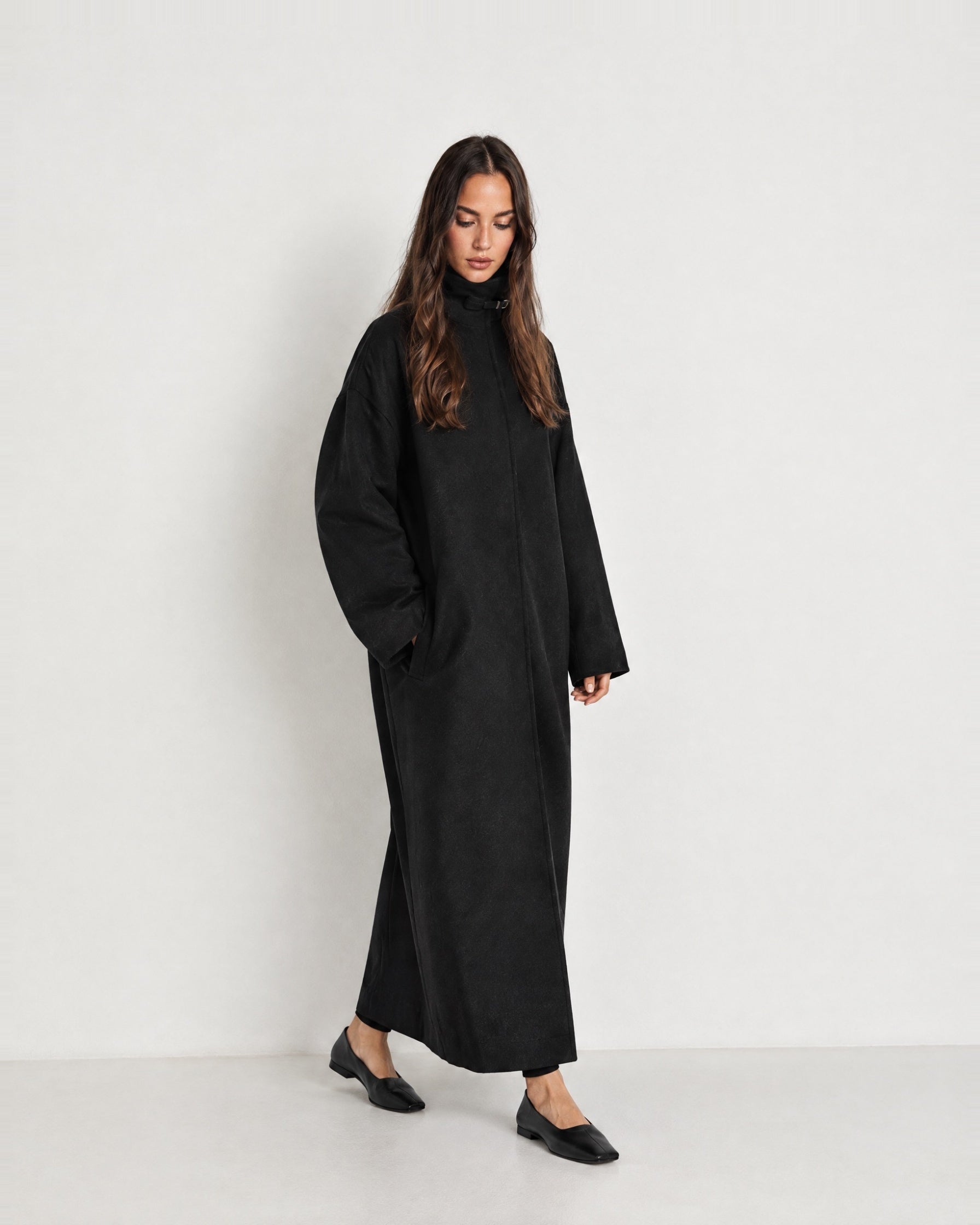 Black Maxi Coat Stand Collar Oversized