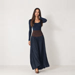 Navy Maxi Skirt Set Ribbed Top Pleated