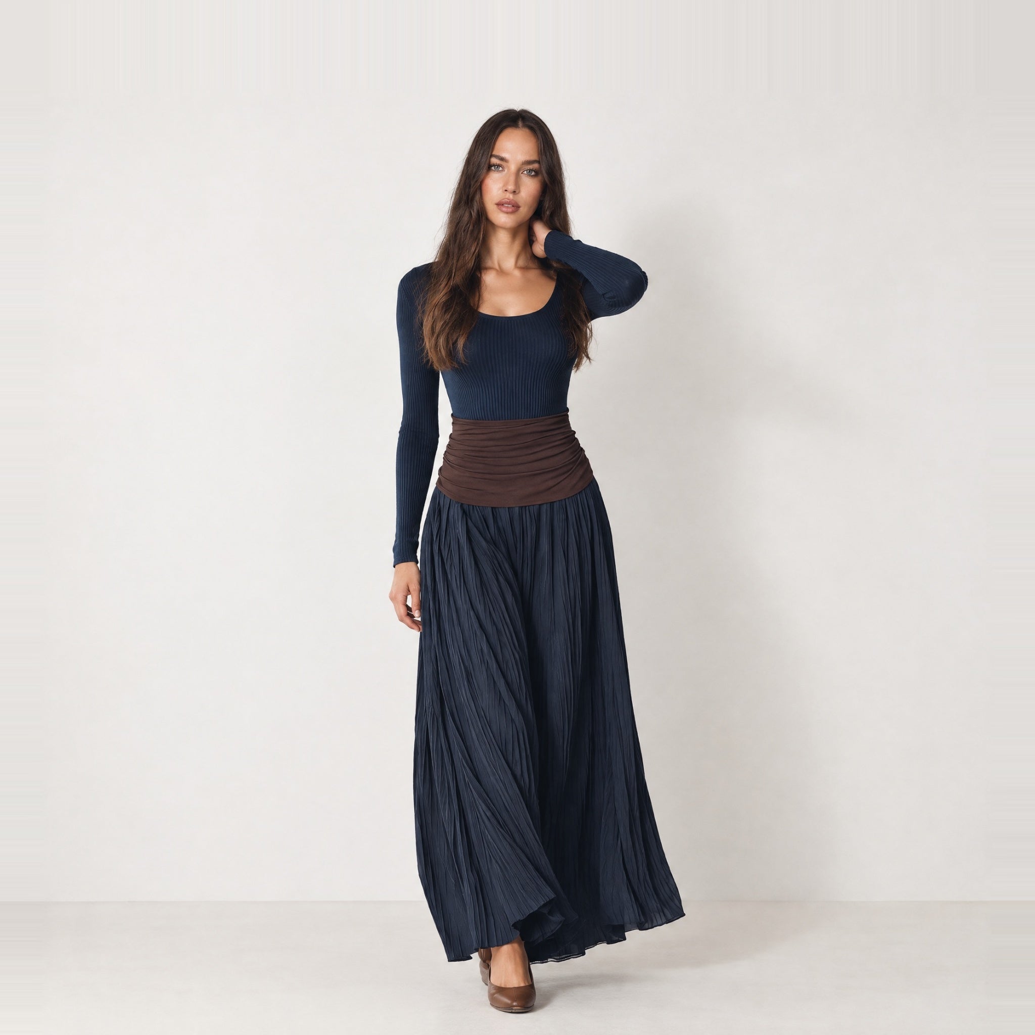 Navy Maxi Skirt Set Ribbed Top Pleated