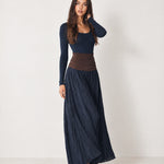 Navy Maxi Skirt Set Ribbed Top Pleated