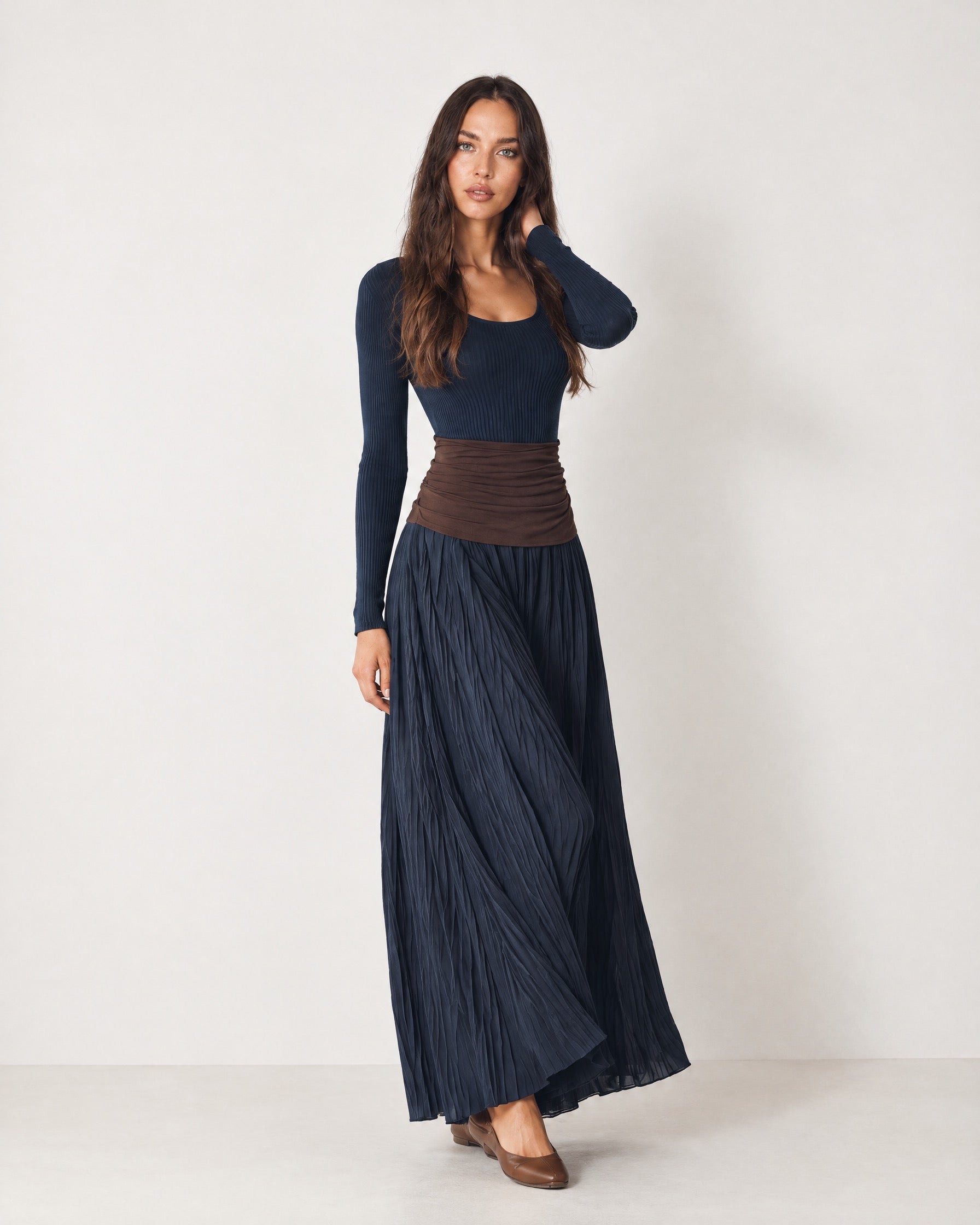 Navy Maxi Skirt Set Ribbed Top Pleated