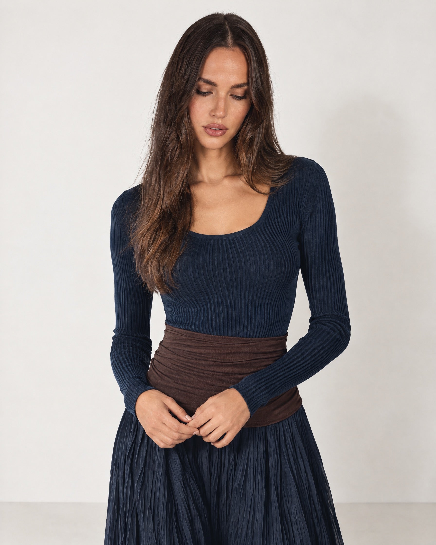 Navy Maxi Skirt Set Ribbed Top Pleated