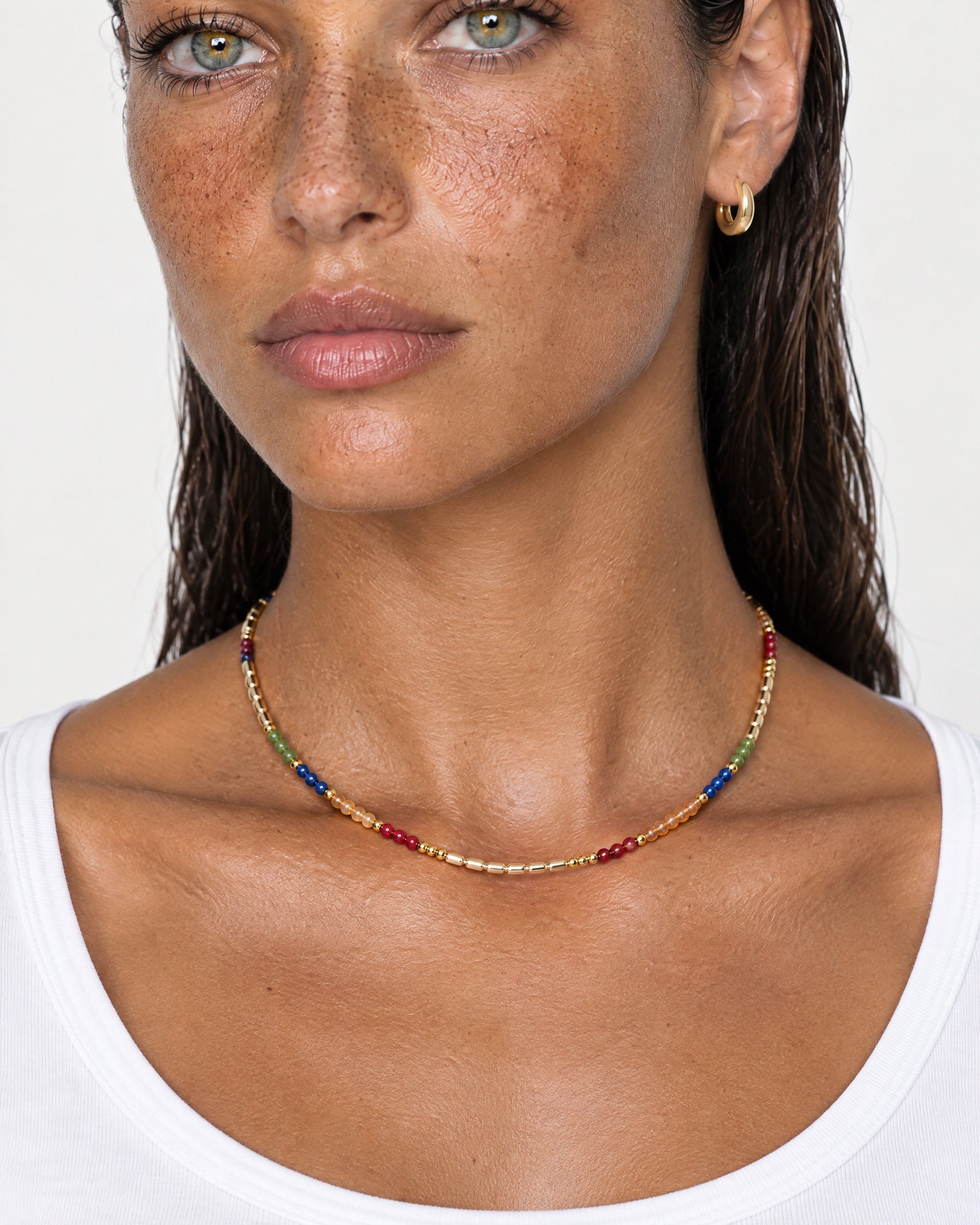Multicolour Necklace Gold Tone Beaded Stone Mix