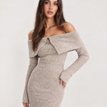 Oatmeal Off Shoulder Maxi Dress Ribbed Knit
