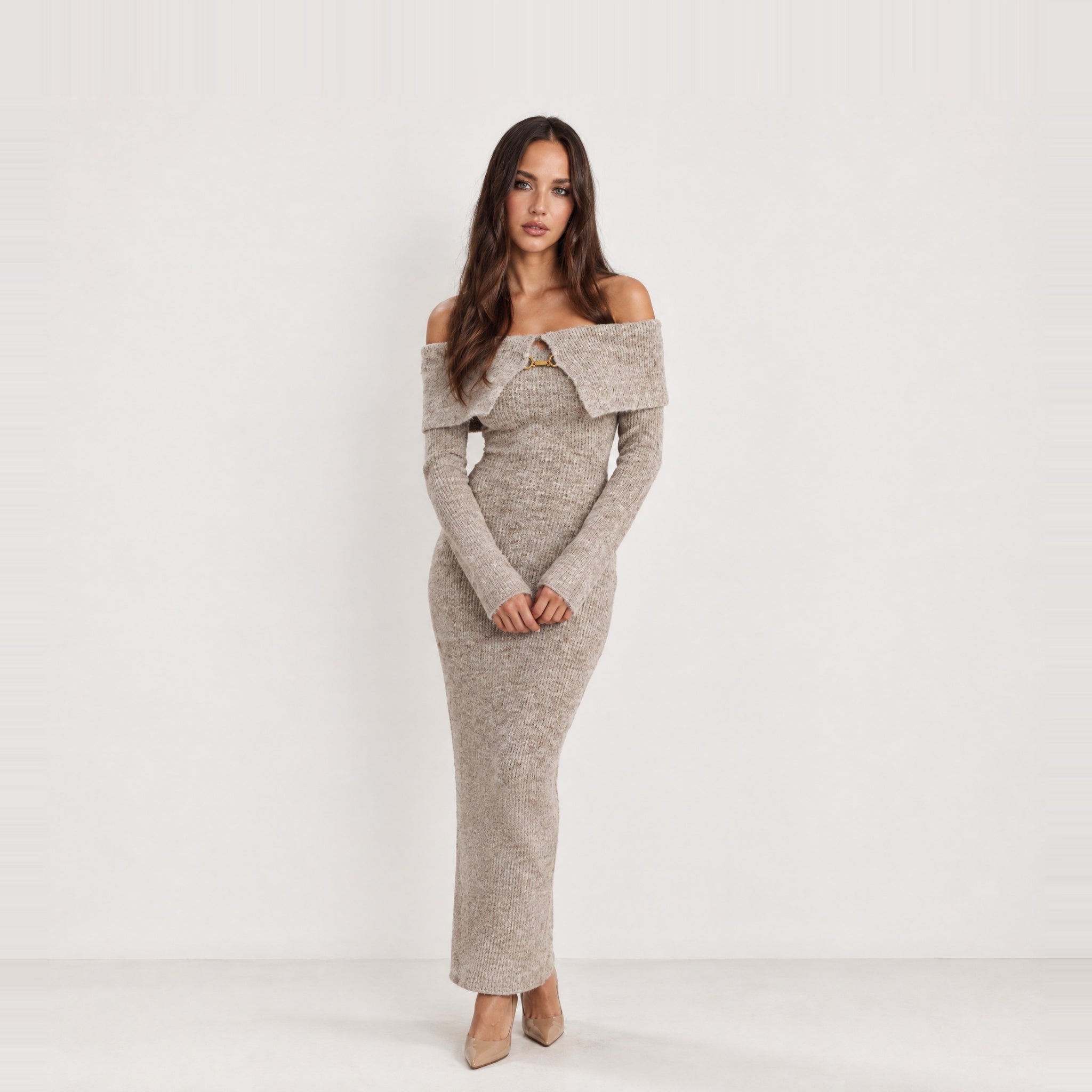 Oatmeal Off Shoulder Maxi Dress Ribbed Knit