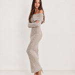 Oatmeal Off Shoulder Maxi Dress Ribbed Knit