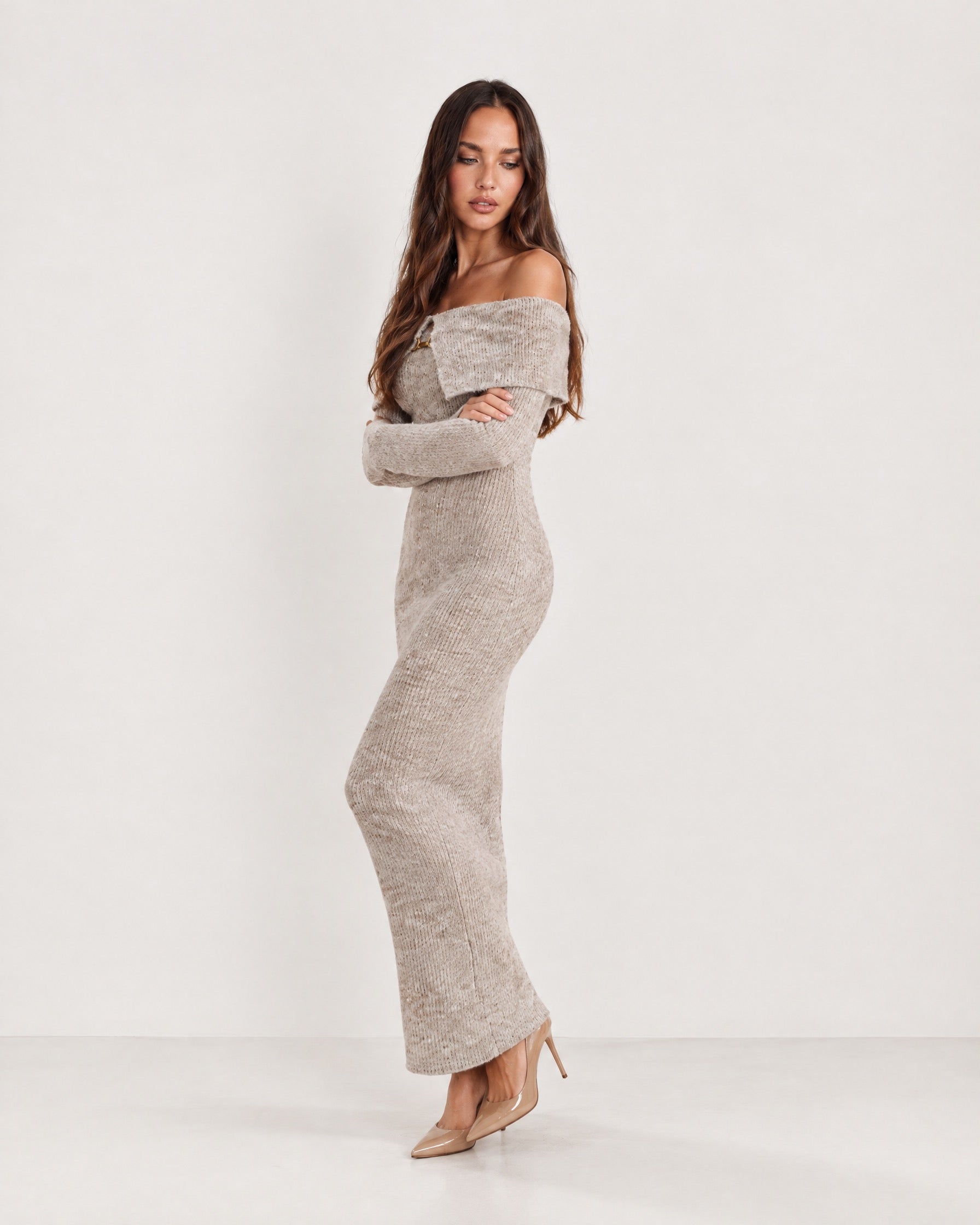 Oatmeal Off Shoulder Maxi Dress Ribbed Knit