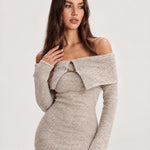 Oatmeal Off Shoulder Maxi Dress Ribbed Knit