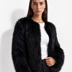 Black Faux Fur Jacket Womens Fluffy Open Front Jacket with Collarless Neckline