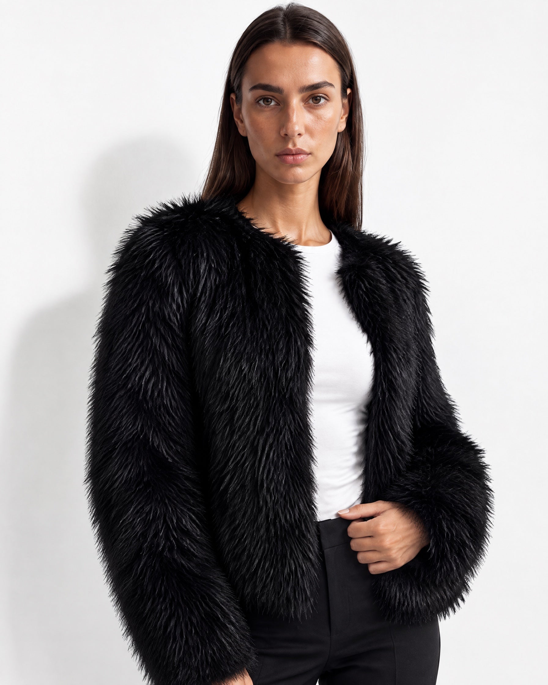 Black Faux Fur Jacket Womens Fluffy Open Front Jacket with Collarless Neckline