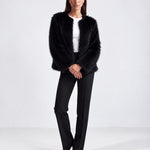 Black Faux Fur Jacket Womens Fluffy Open Front Jacket with Collarless Neckline