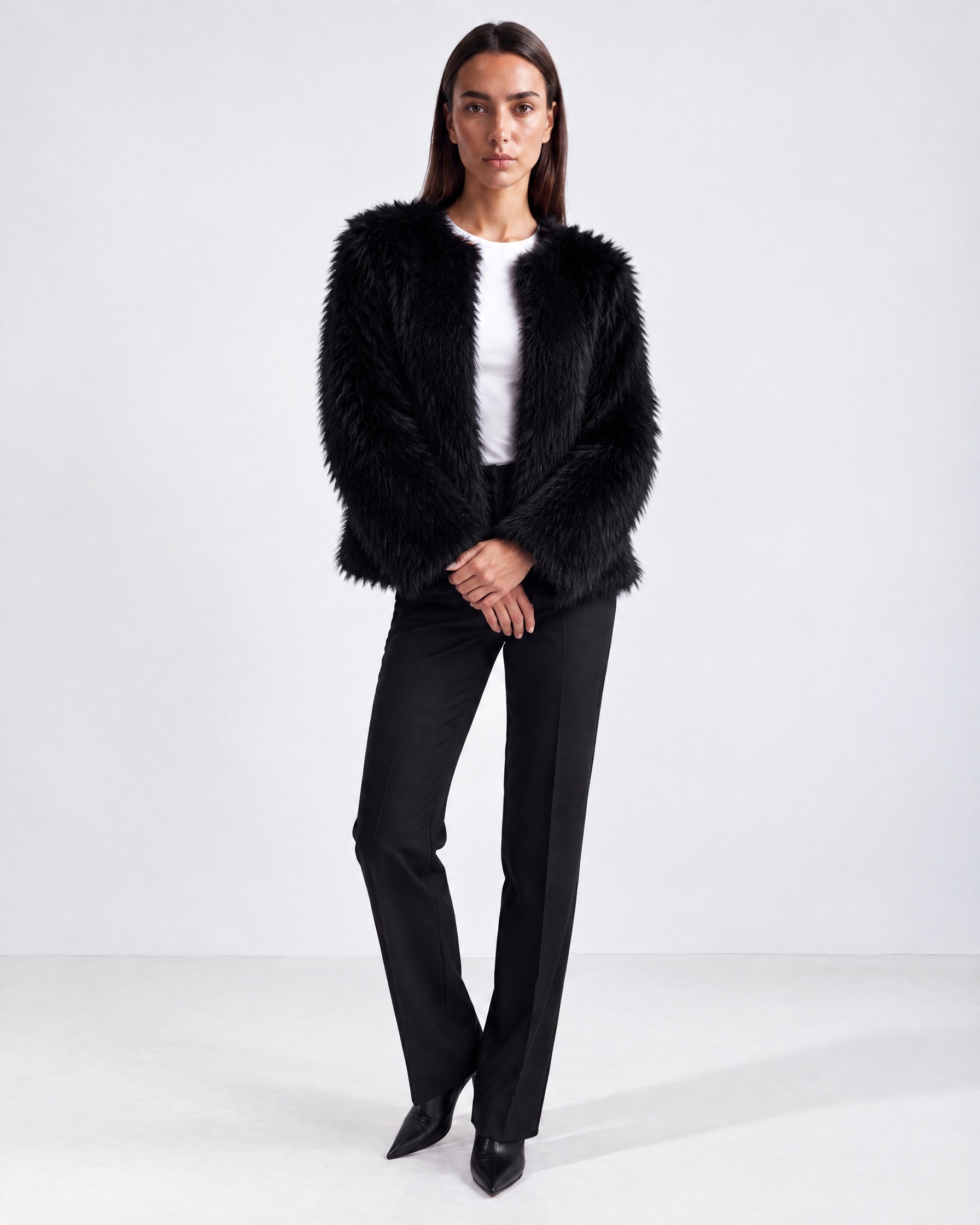 Black Faux Fur Jacket Womens Fluffy Open Front Jacket with Collarless Neckline