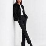 Black Faux Fur Jacket Womens Fluffy Open Front Jacket with Collarless Neckline