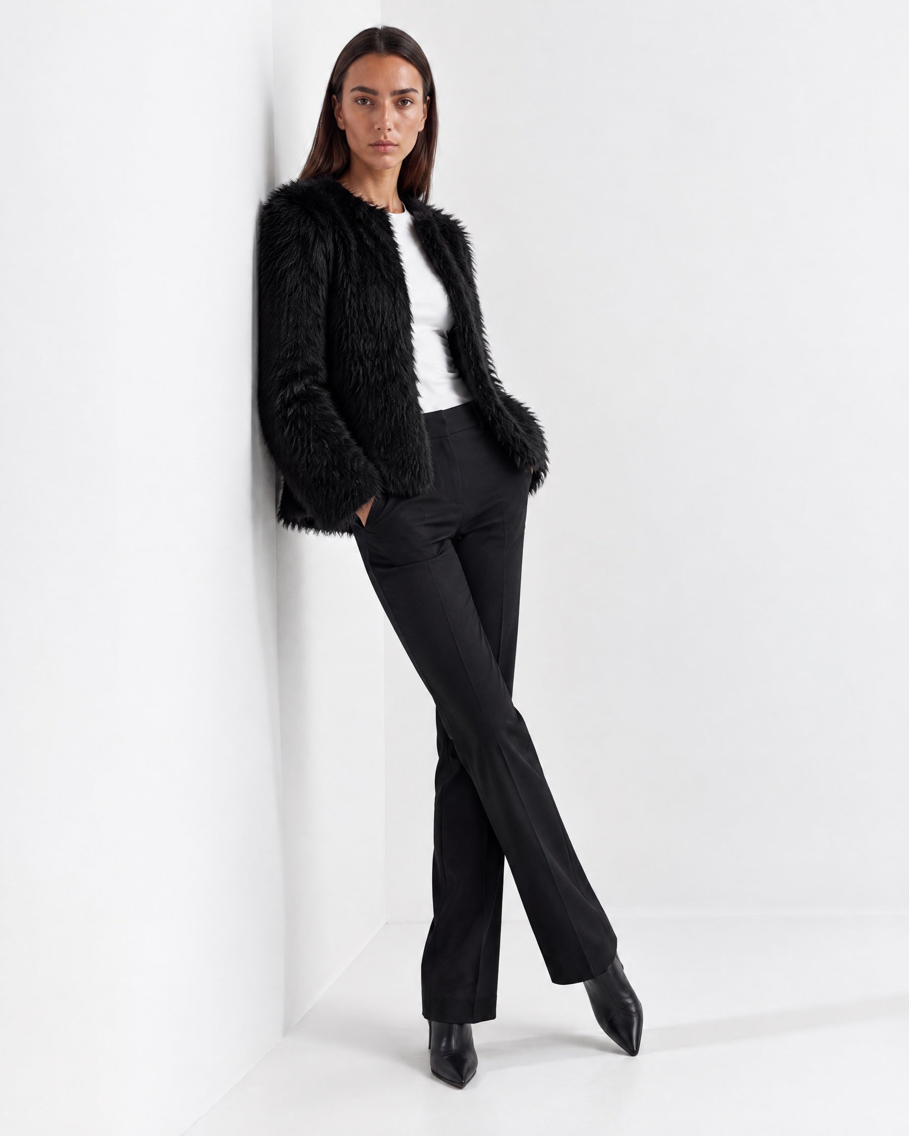 Black Faux Fur Jacket Womens Fluffy Open Front Jacket with Collarless Neckline