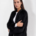 Black Faux Fur Jacket Womens Fluffy Open Front Jacket with Collarless Neckline