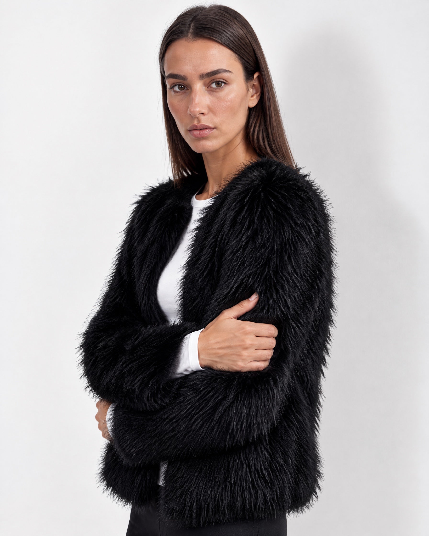 Black Faux Fur Jacket Womens Fluffy Open Front Jacket with Collarless Neckline