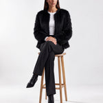 Black Faux Fur Jacket Womens Fluffy Open Front Jacket with Collarless Neckline