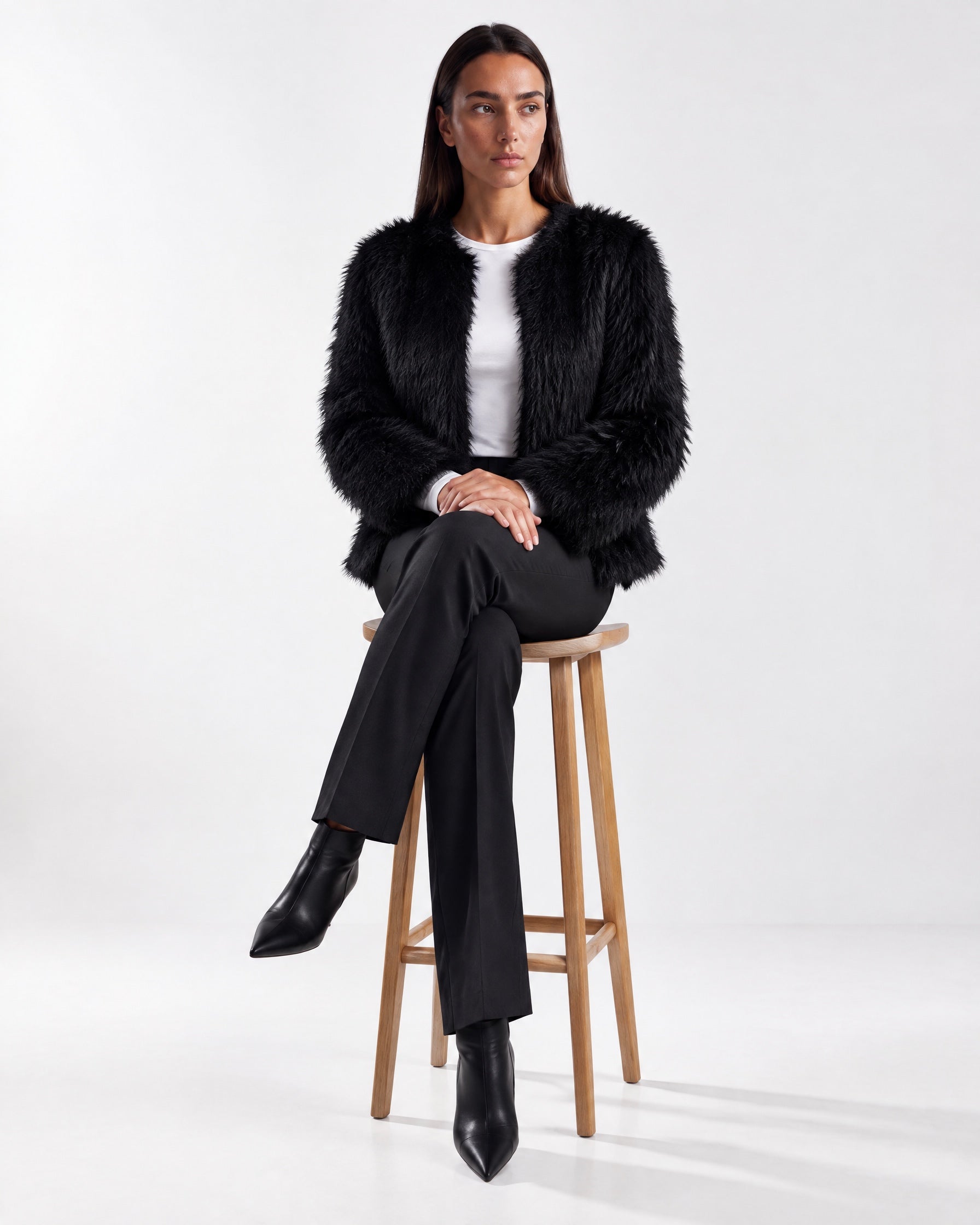Black Faux Fur Jacket Womens Fluffy Open Front Jacket with Collarless Neckline