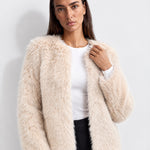 Cream Faux Fur Jacket Womens Fluffy Open Front Jacket with Collarless Neckline