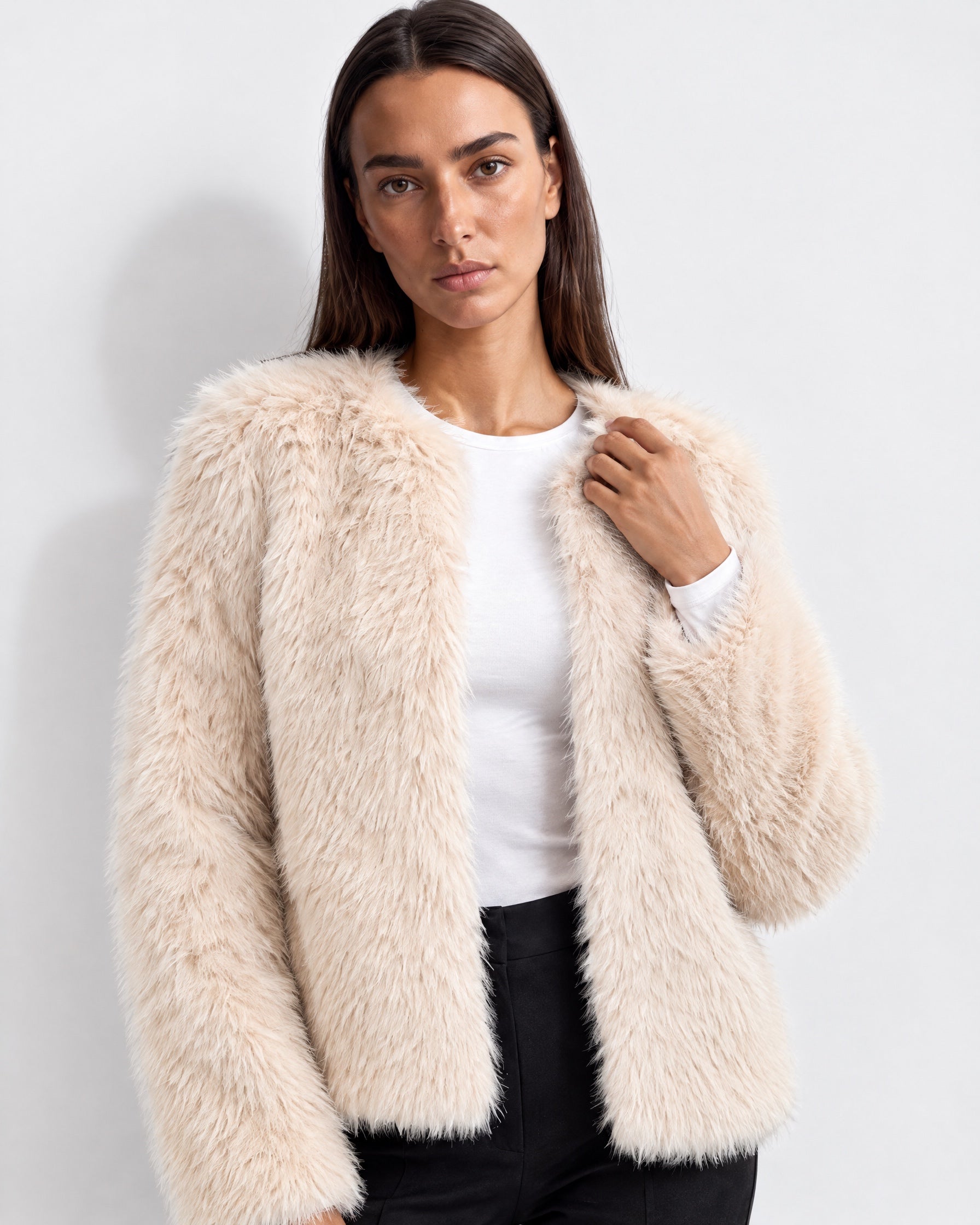 Cream Faux Fur Jacket Womens Fluffy Open Front Jacket with Collarless Neckline