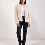 Cream Faux Fur Jacket Womens Fluffy Open Front Jacket with Collarless Neckline