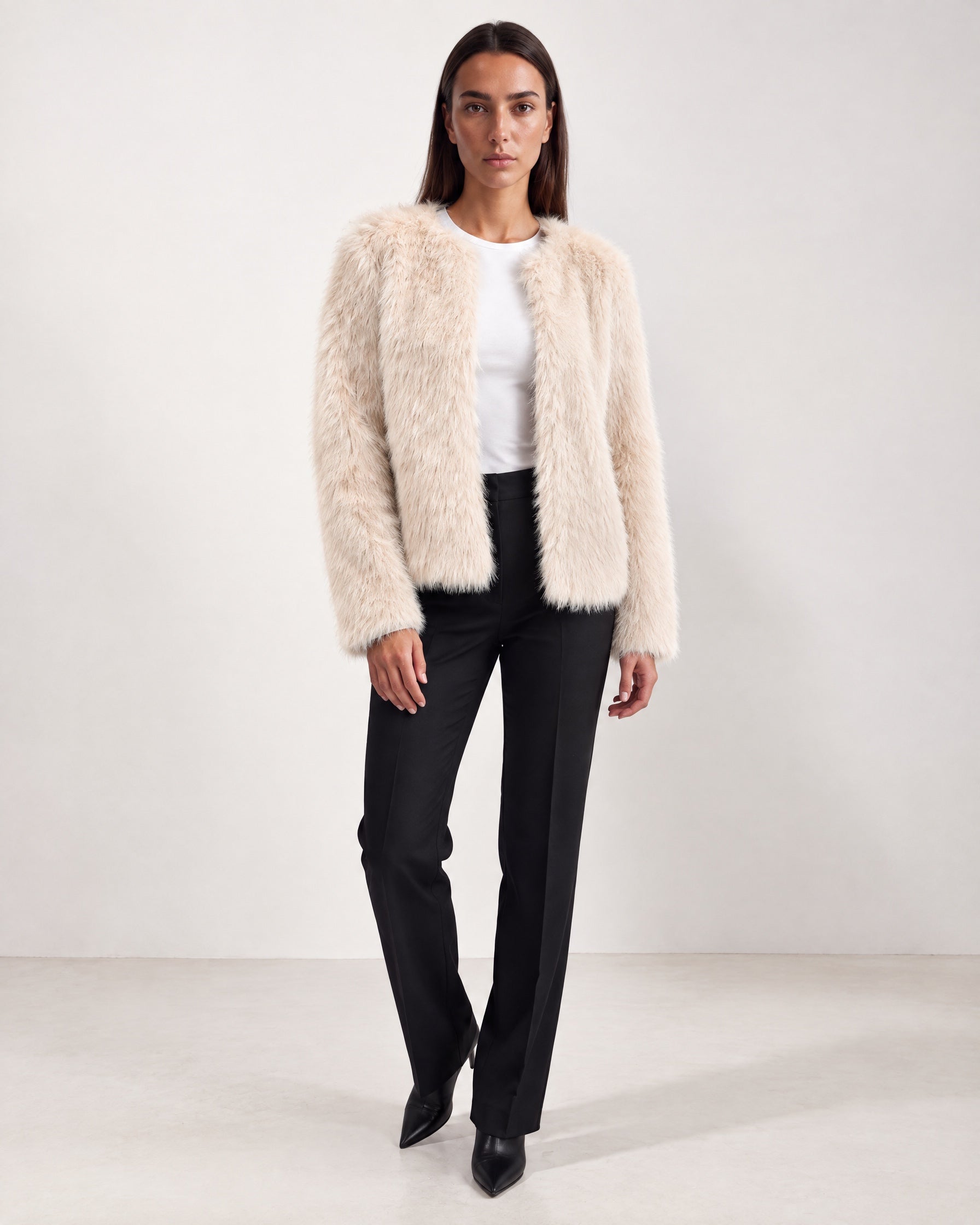 Cream Faux Fur Jacket Womens Fluffy Open Front Jacket with Collarless Neckline