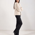Cream Faux Fur Jacket Womens Fluffy Open Front Jacket with Collarless Neckline