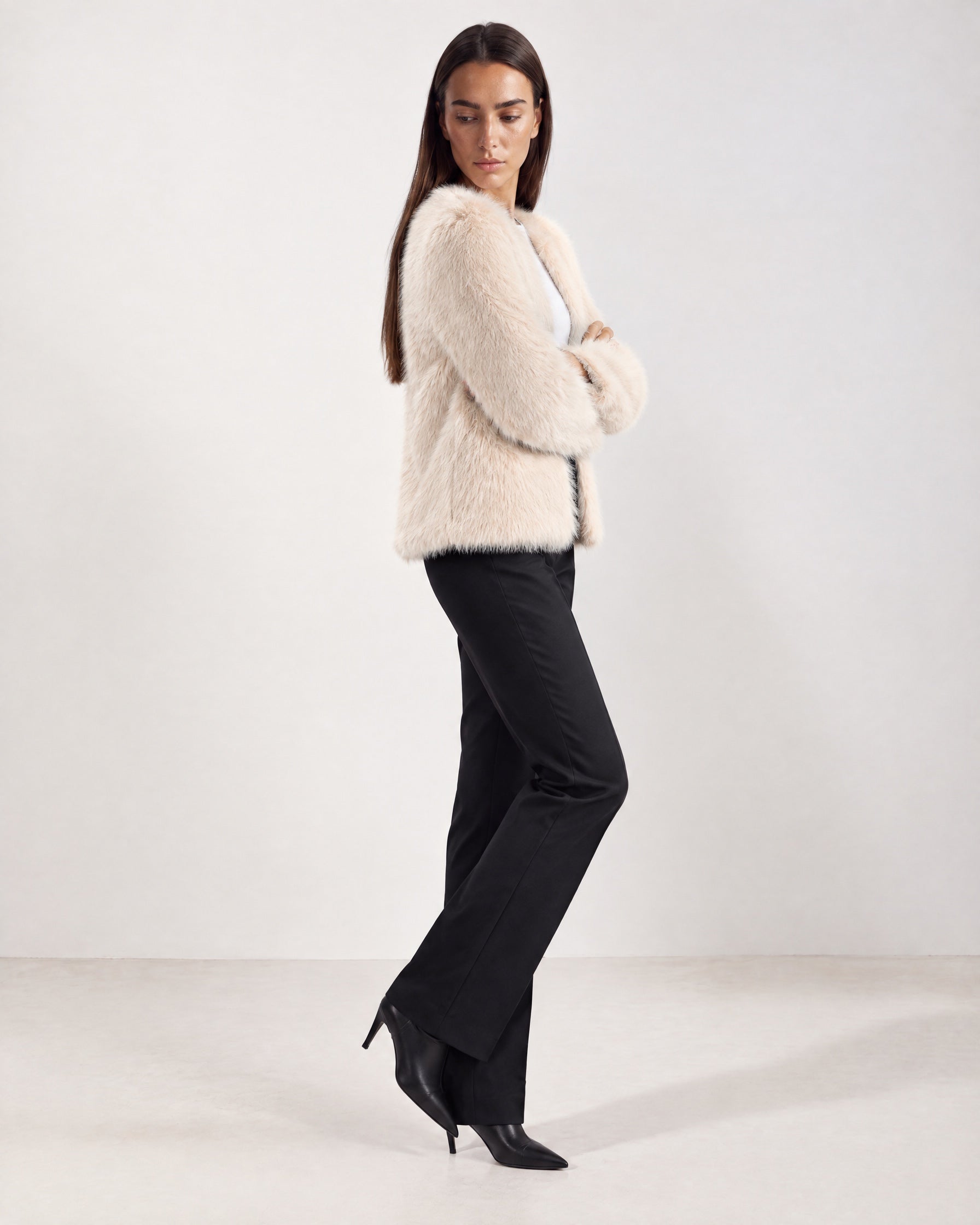 Cream Faux Fur Jacket Womens Fluffy Open Front Jacket with Collarless Neckline