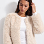 Cream Faux Fur Jacket Womens Fluffy Open Front Jacket with Collarless Neckline