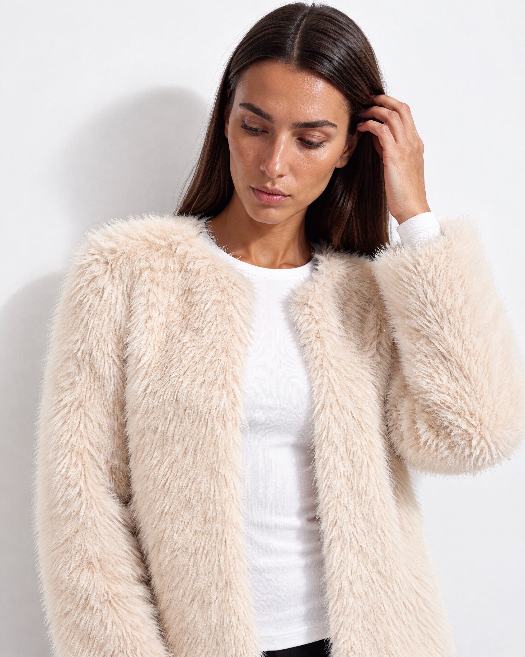 Cream Faux Fur Jacket Womens Fluffy Open Front Jacket with Collarless Neckline