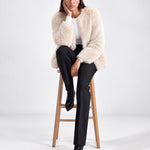 Cream Faux Fur Jacket Womens Fluffy Open Front Jacket with Collarless Neckline