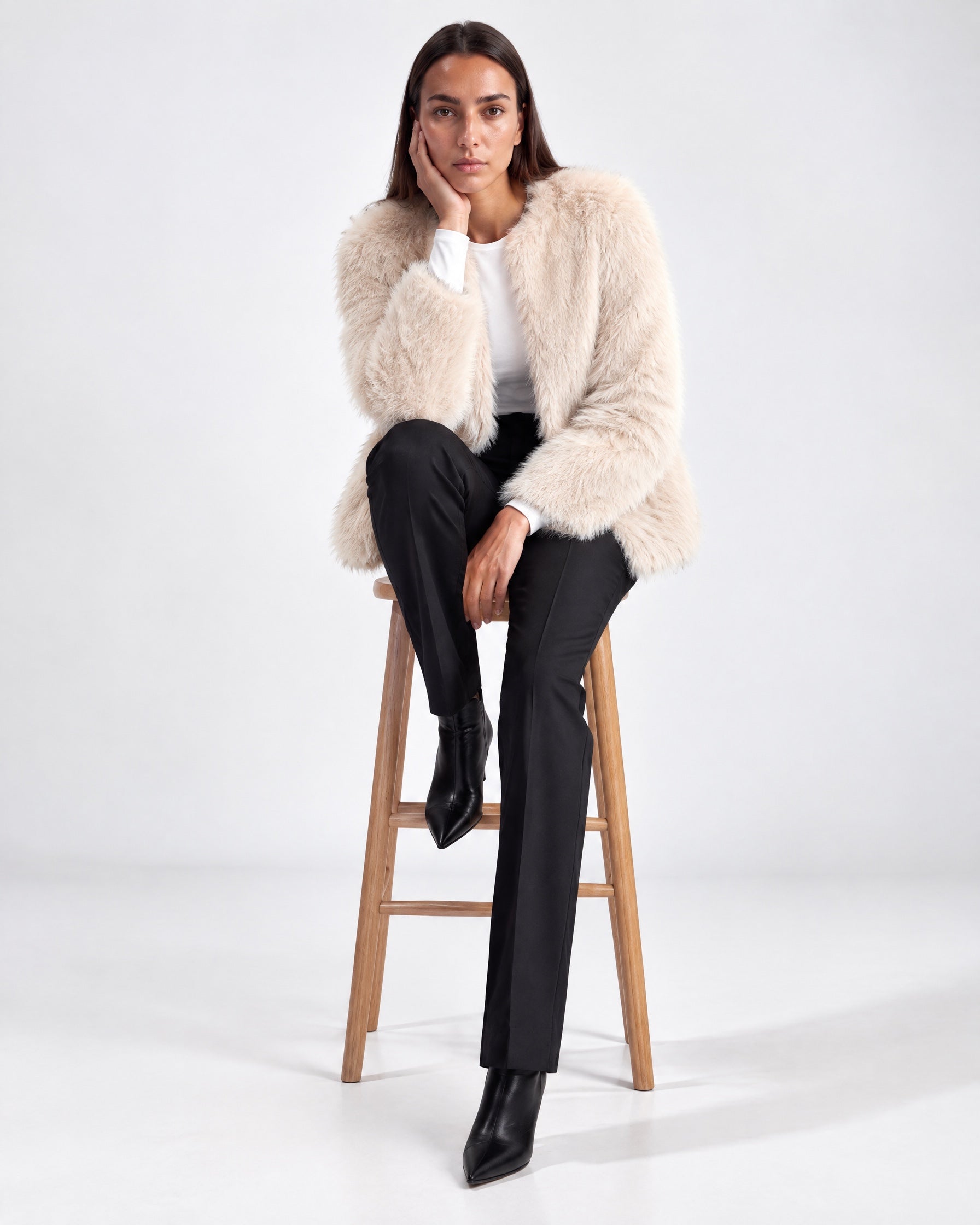 Cream Faux Fur Jacket Womens Fluffy Open Front Jacket with Collarless Neckline