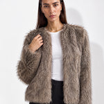 Taupe Faux Fur Jacket Womens Fluffy Open Front Jacket with Collarless Neckline
