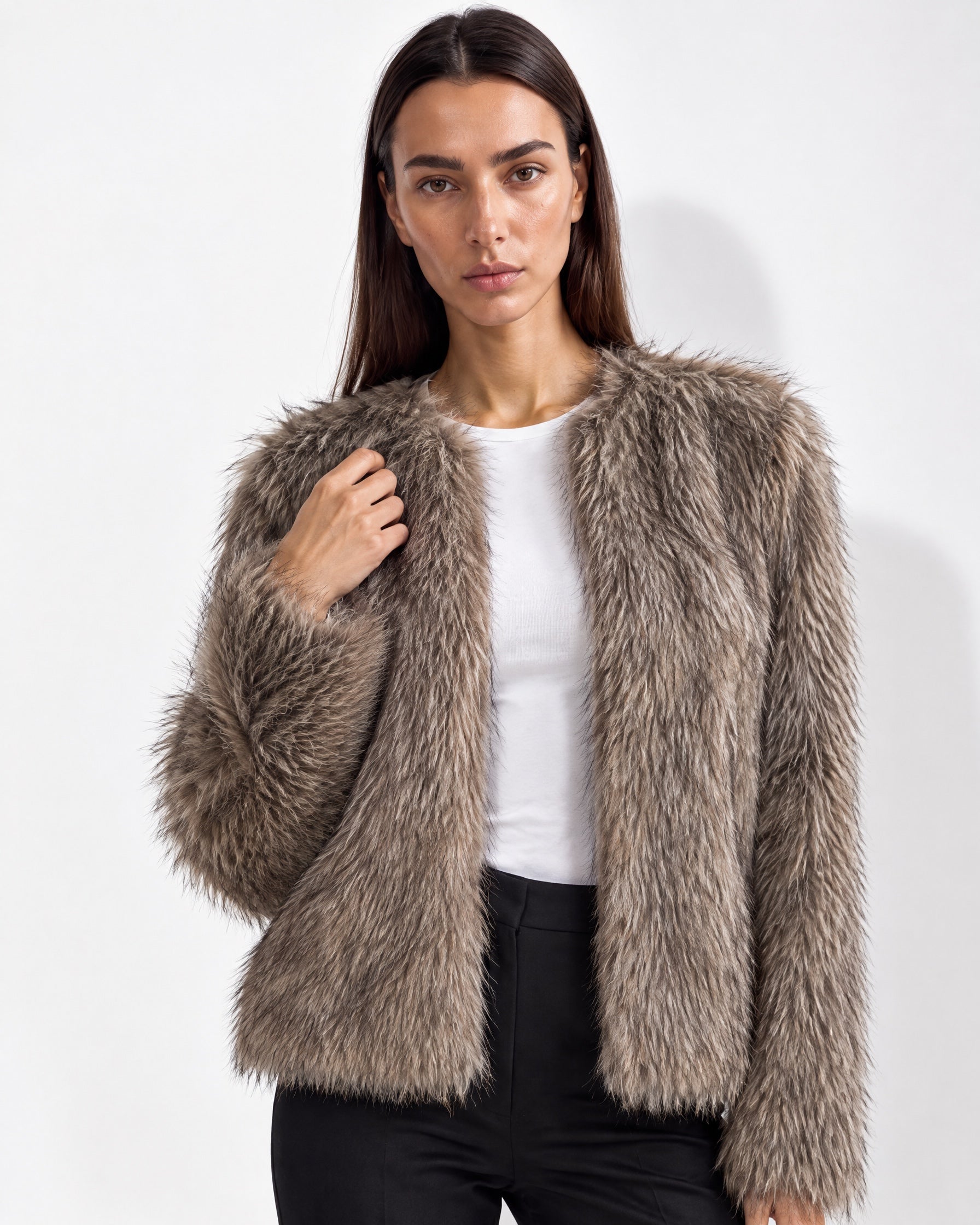 Taupe Faux Fur Jacket Womens Fluffy Open Front Jacket with Collarless Neckline