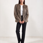 Taupe Faux Fur Jacket Womens Fluffy Open Front Jacket with Collarless Neckline