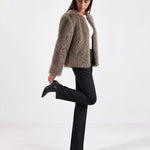 Taupe Faux Fur Jacket Womens Fluffy Open Front Jacket with Collarless Neckline