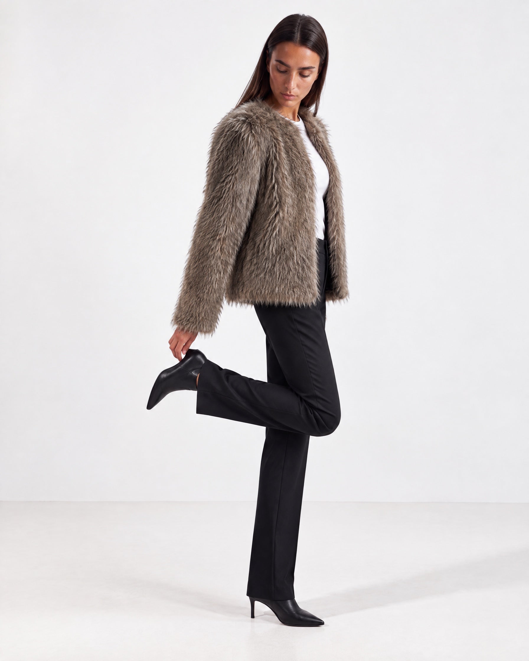 Taupe Faux Fur Jacket Womens Fluffy Open Front Jacket with Collarless Neckline