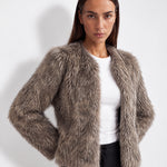Taupe Faux Fur Jacket Womens Fluffy Open Front Jacket with Collarless Neckline