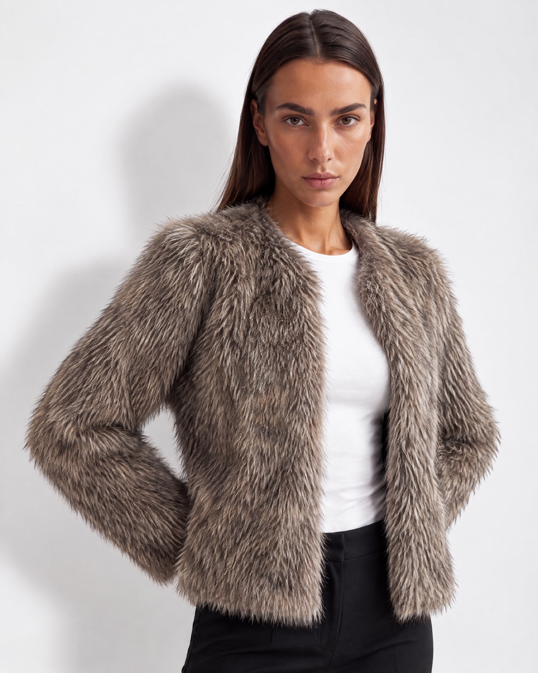 Taupe Faux Fur Jacket Womens Fluffy Open Front Jacket with Collarless Neckline