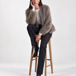 Taupe Faux Fur Jacket Womens Fluffy Open Front Jacket with Collarless Neckline