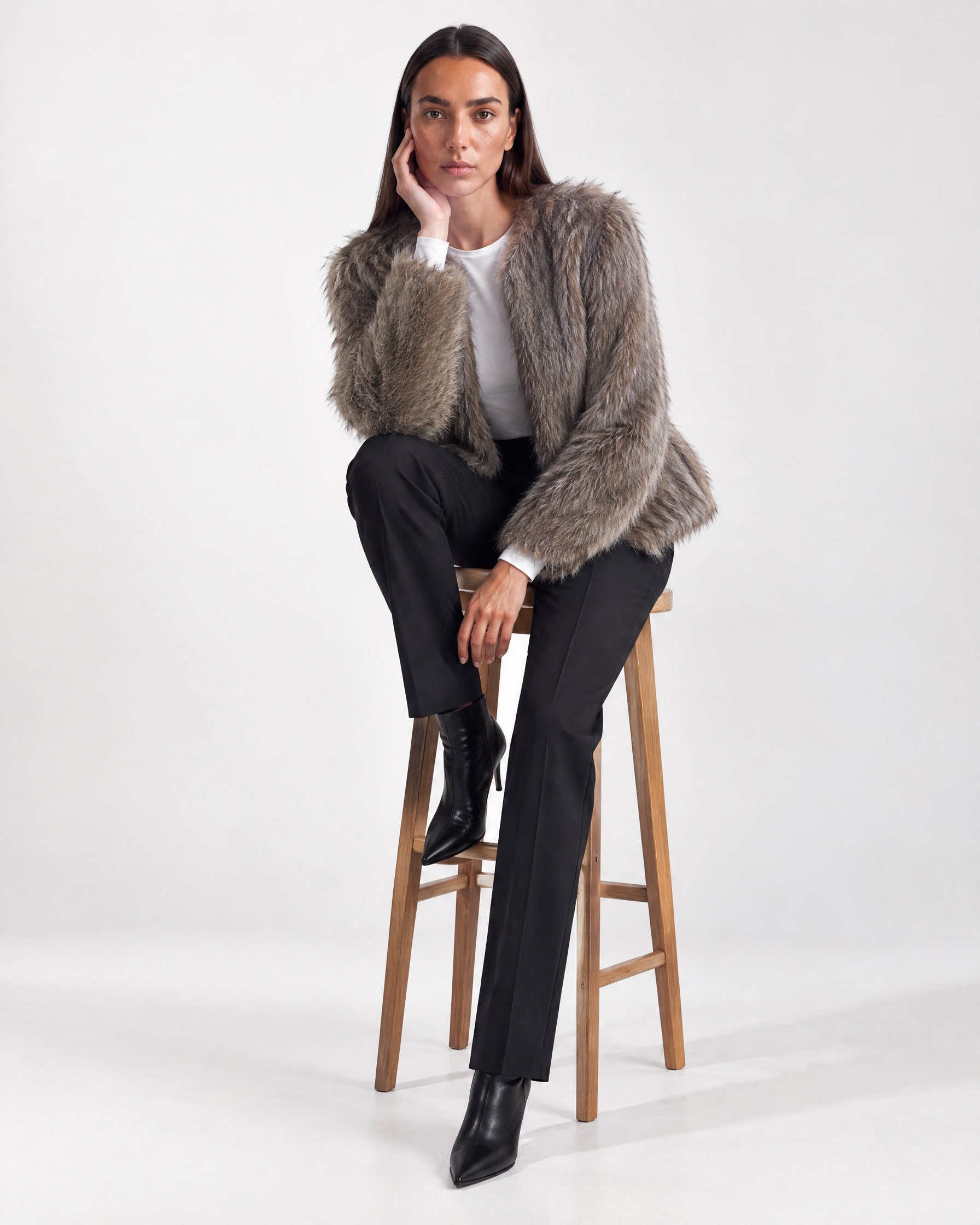 Taupe Faux Fur Jacket Womens Fluffy Open Front Jacket with Collarless Neckline