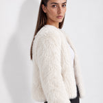 White Faux Fur Jacket Womens Fluffy Open Front Jacket with Collarless Neckline
